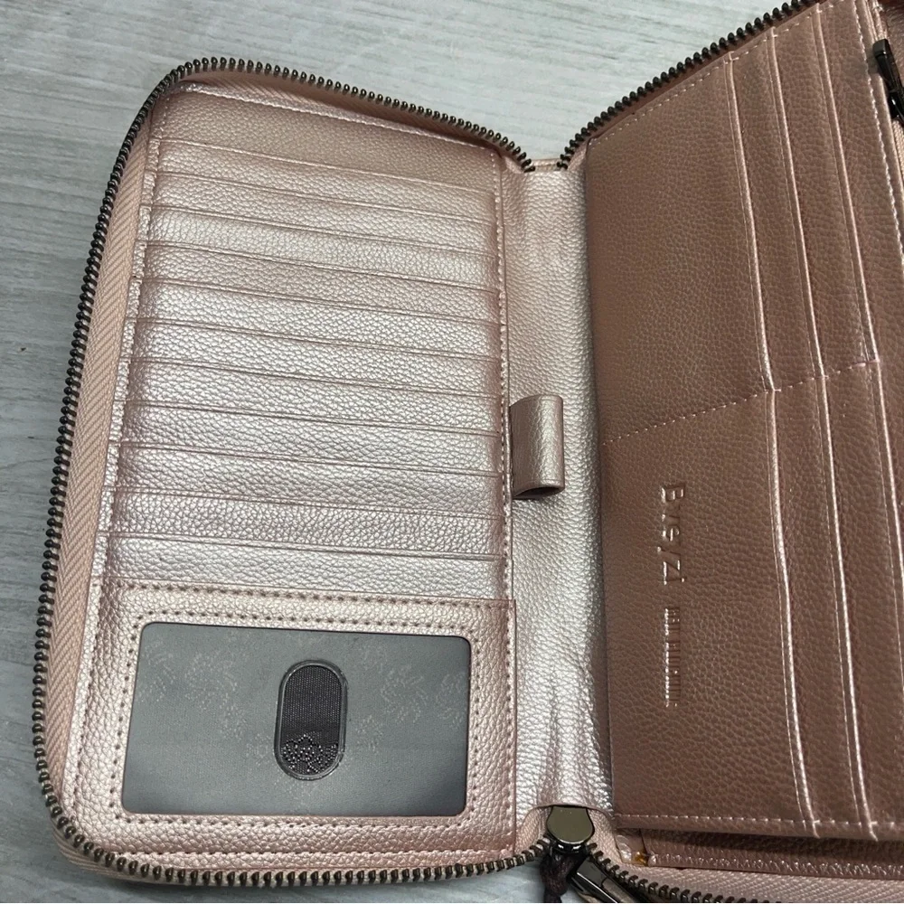 Bveyzi Pink RFID Blocking Leather Zip Around Large Wallet Phone Clutch Wristlet